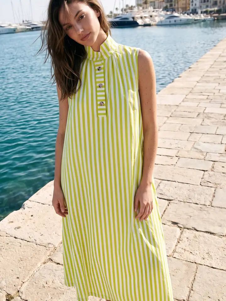 Stripe Mini Dress With Standing Collar In Lime