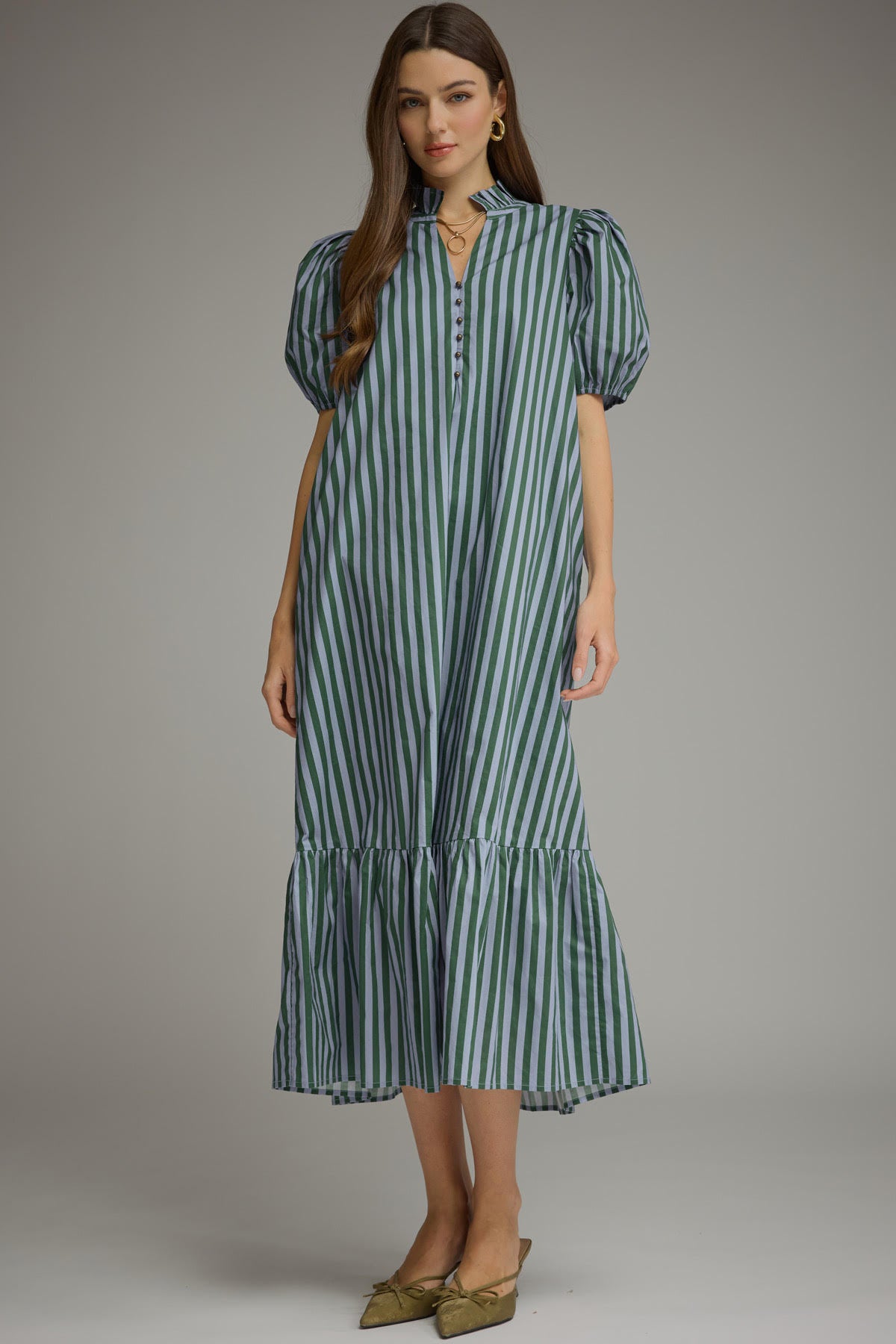Stripe Puff Sleeve Button Midi Dress In Blue And Green