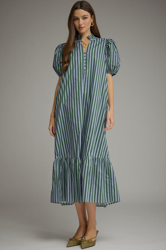 Stripe Puff Sleeve Button Midi Dress In Blue And Green