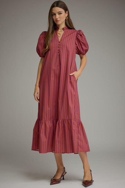 Stripe Puff Sleeve Button Midi Dress In Plum