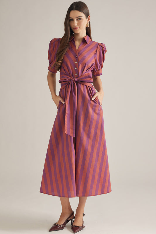 Stripe Tie Midi Dress In Plum