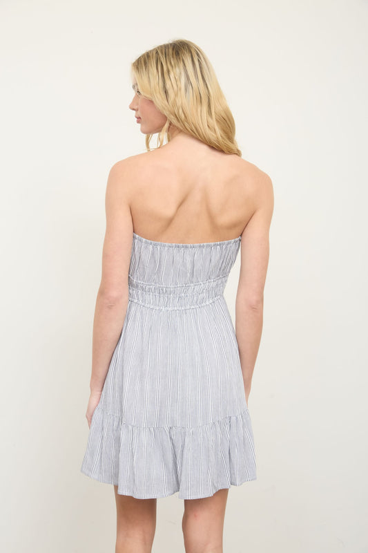 Stripe Strapless Front Tie Detail Mini Dress in Navy Stripe