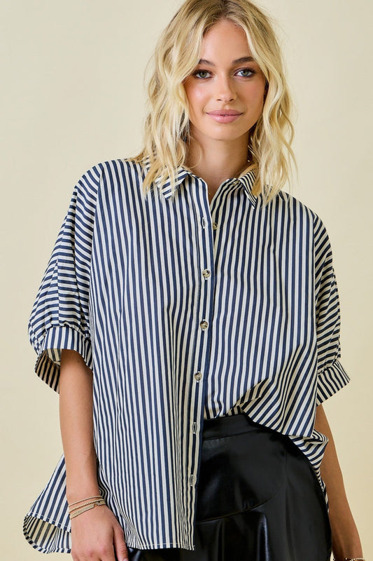 Striped Button Down Oversized Shirt In Navy