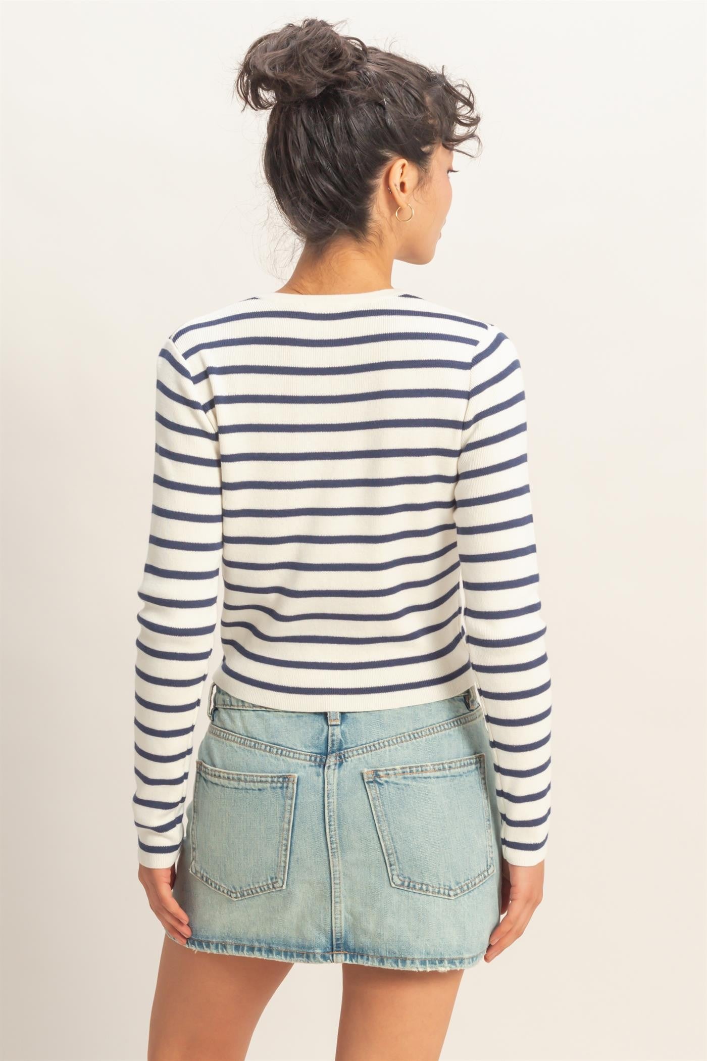 Striped Button Up Cardigan In Navy