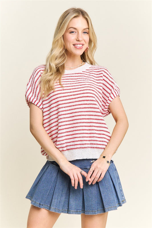 Striped Casual Knit Top In Red