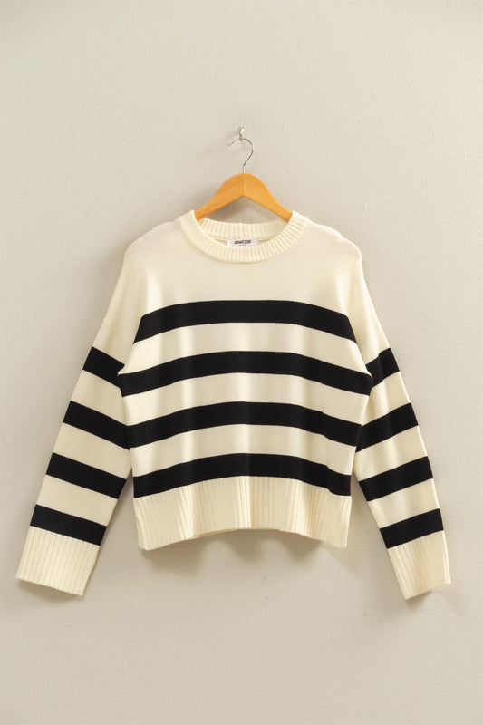 Striped Crew Neck Sweater In Cream/Black