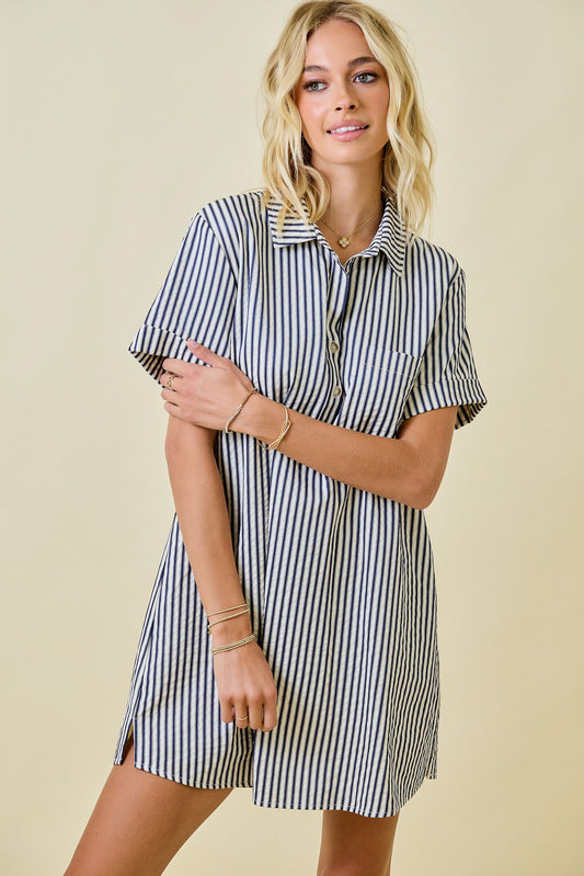 Striped Easy Mini Shirt Dress In Navy