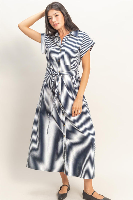 Striped Poplin Belted Shirt Dress With Pockets In Navy