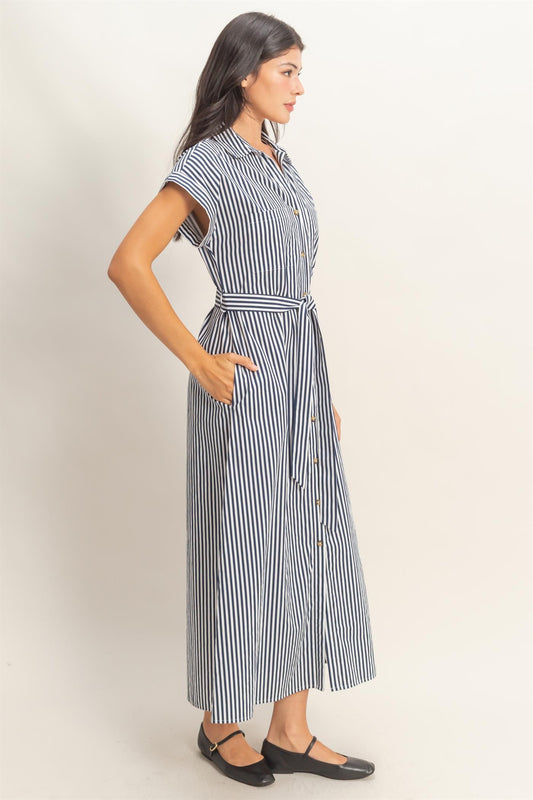 Striped Poplin Belted Shirt Dress With Pockets In Navy