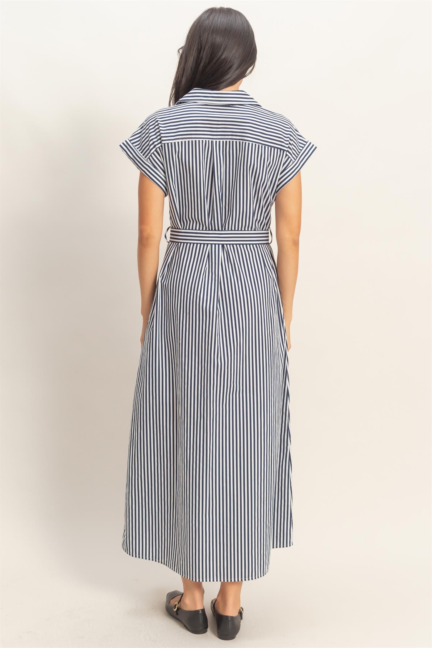 Striped Poplin Belted Shirt Dress With Pockets In Navy