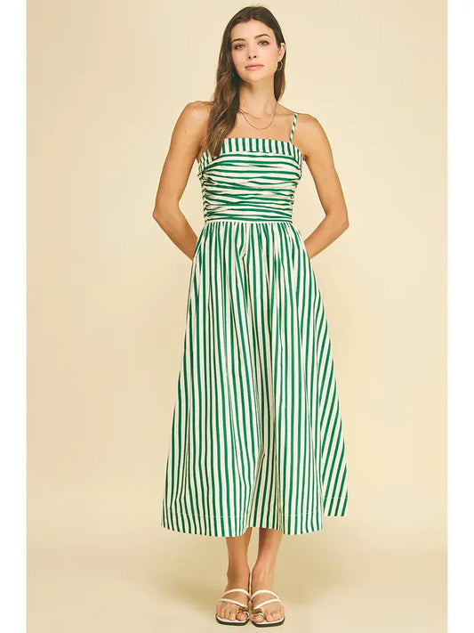 Striped Ruched Detail Midi Dress In Green
