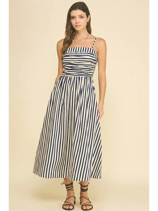 Striped Ruched Detail Midi Dress In Navy