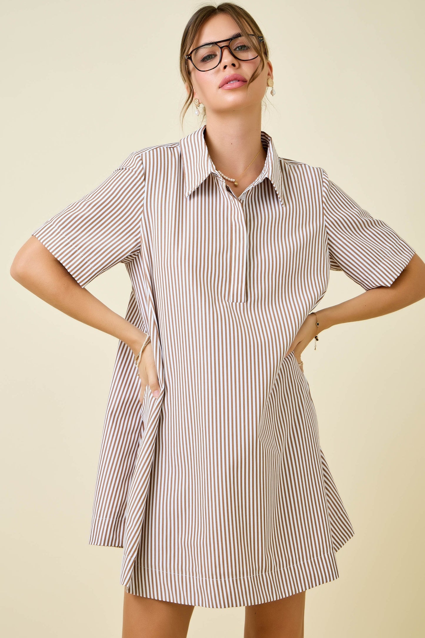 Brown Striped Short Sleeve Dress