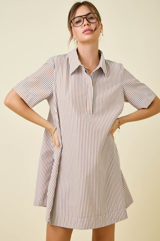 Brown Striped Short Sleeve Dress