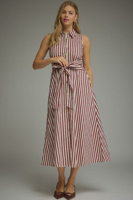 Striped Sleeveless Collared Midi Dress In Burgundy