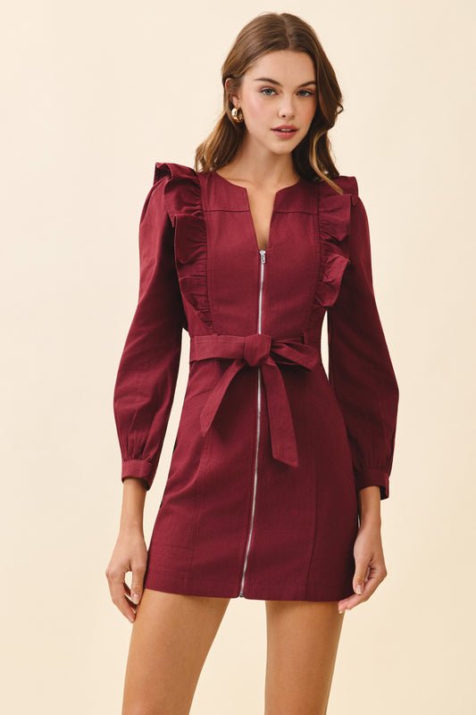 Structured Front Zipper Closures Ruffle Trim Dress In Burgundy