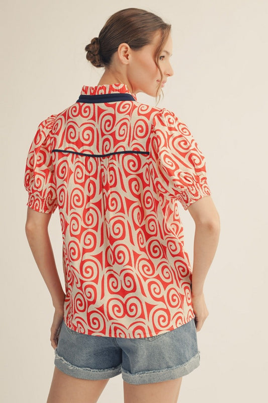 Swirl Detail Print Top In Red