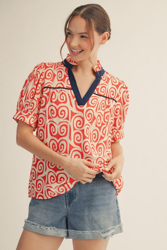 Swirl Detail Print Top In Red
