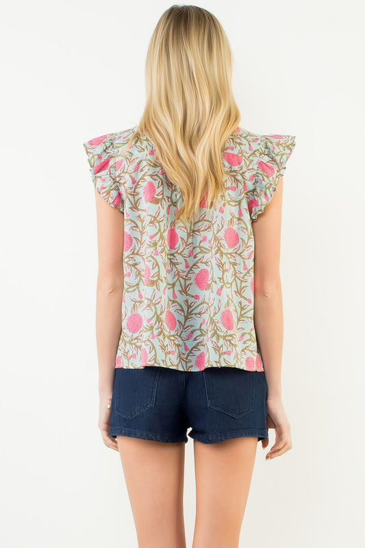 Mint Floral Flutter Sleeve Top