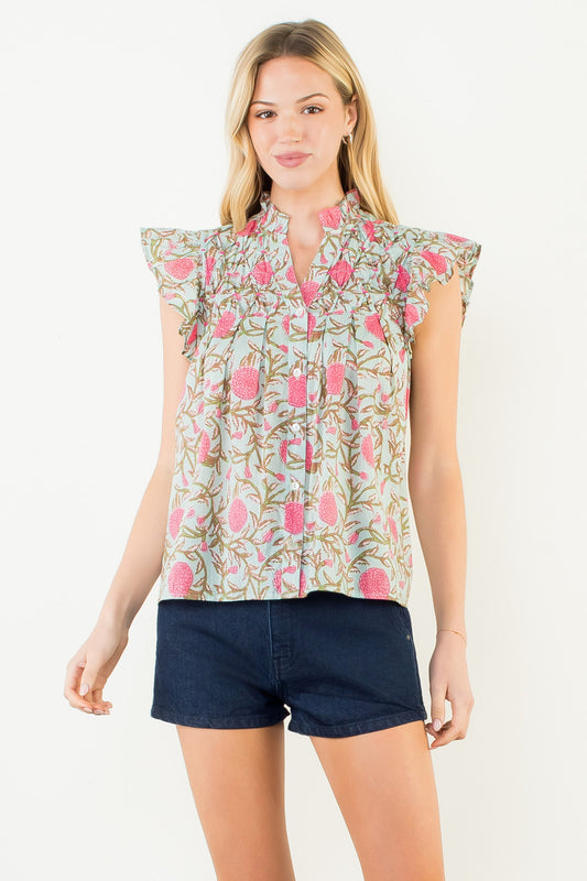 Mint Floral Flutter Sleeve Top