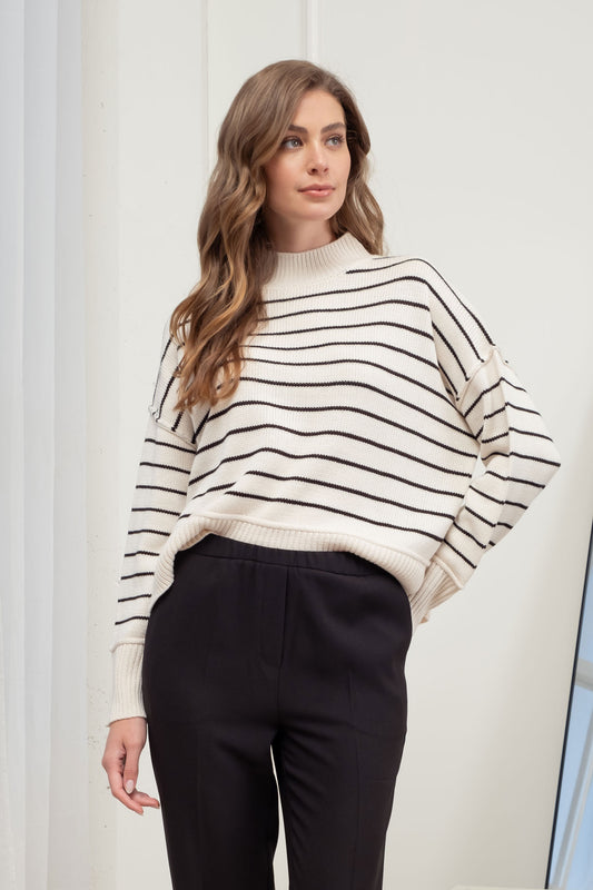 Mock Neck Stripe Sweater In Ivory