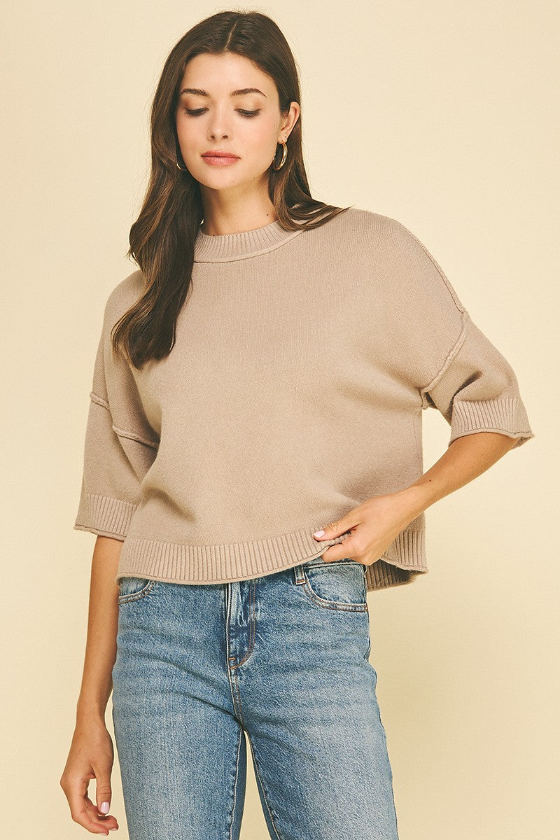 Tessa Short Sleeve Sweater Top In Taupe