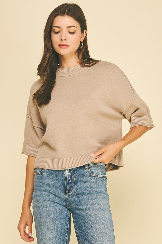 Tessa Short Sleeve Sweater Top In Taupe