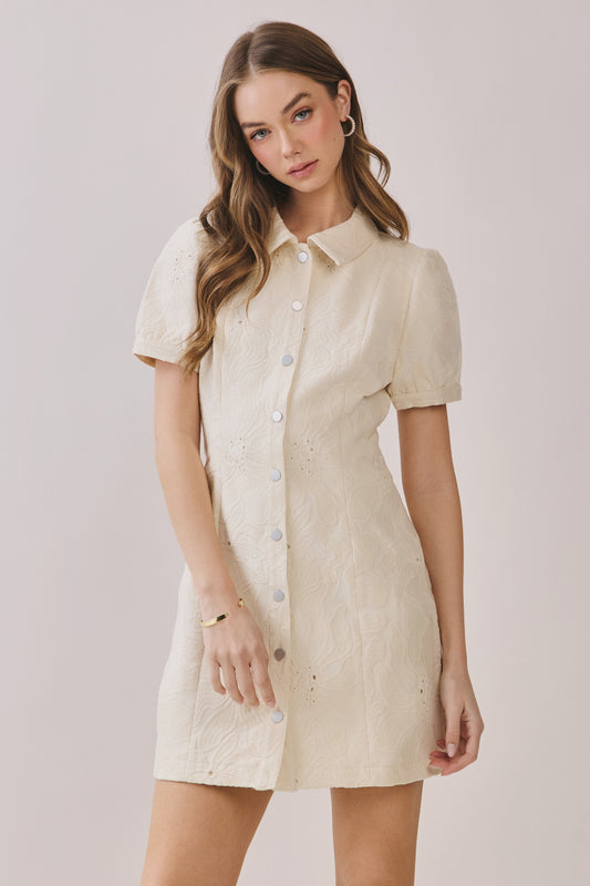 Textured Fabric Button Down Mini Dress In Cream