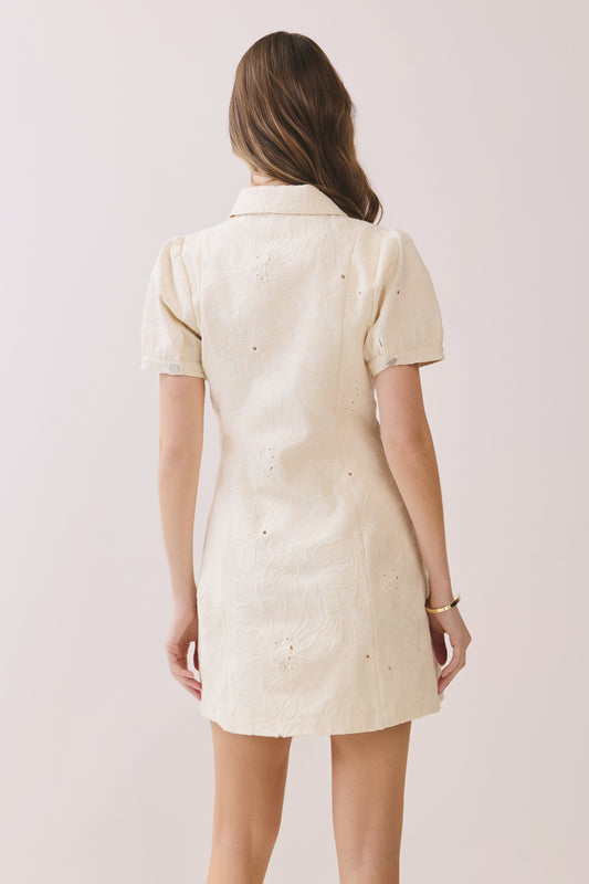 Textured Fabric Button Down Mini Dress In Cream