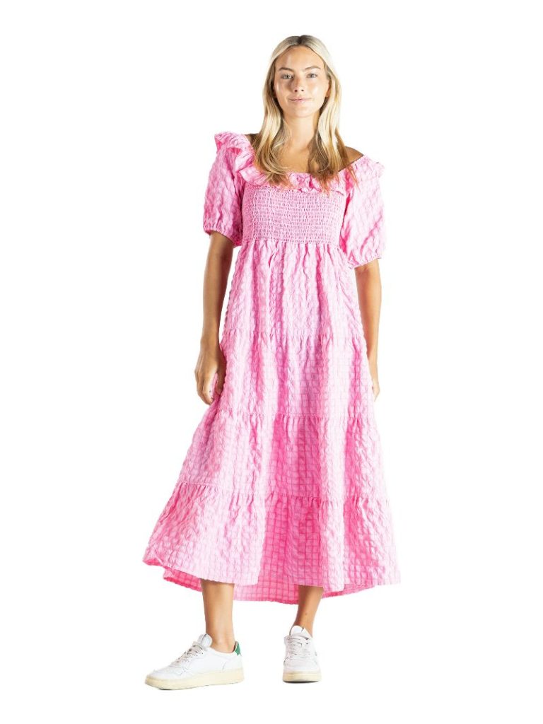 Textured Maxi Puff Sleeve Dress In Pink