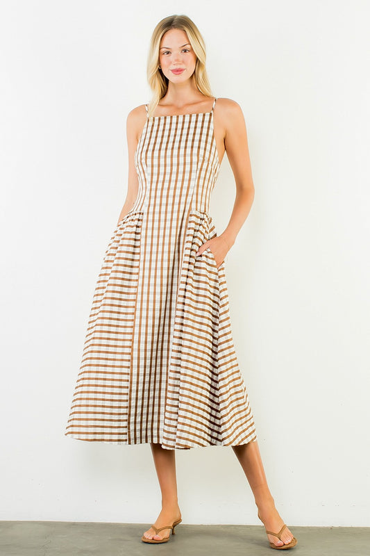 Thin Strap Brown And White Gingham Maxi Dress