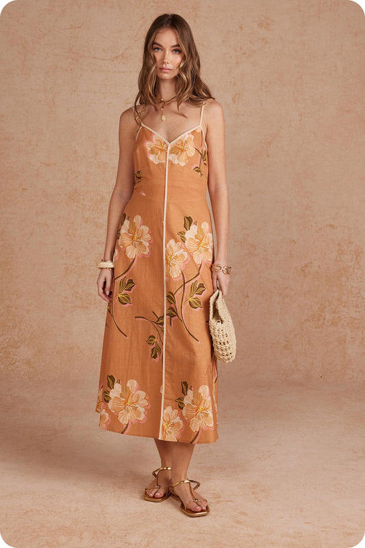 Thin Strap Floral Midi Dress In Apricot
