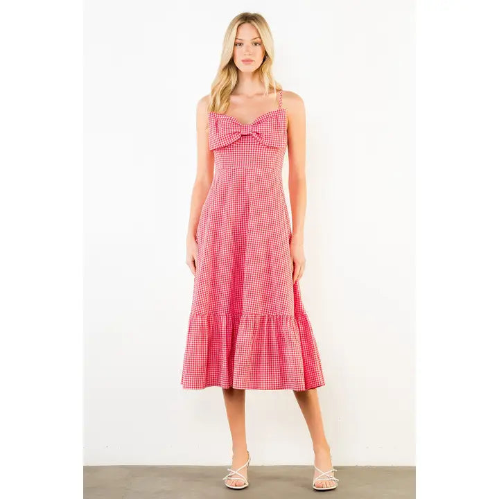 Thin Strap Large Bow Gingham Midi Dress In Red