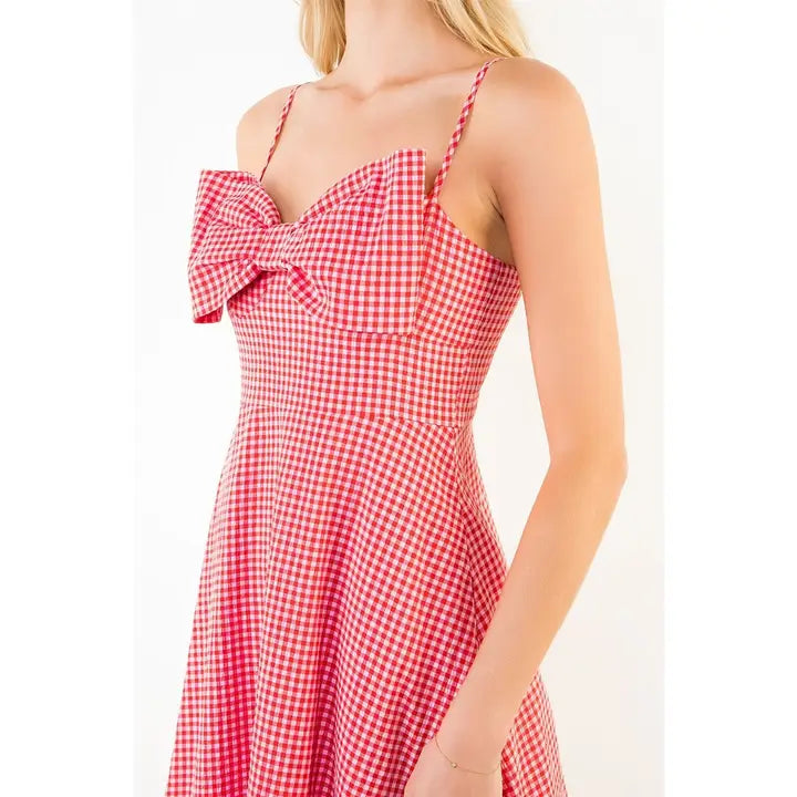 Thin Strap Large Bow Gingham Midi Dress In Red