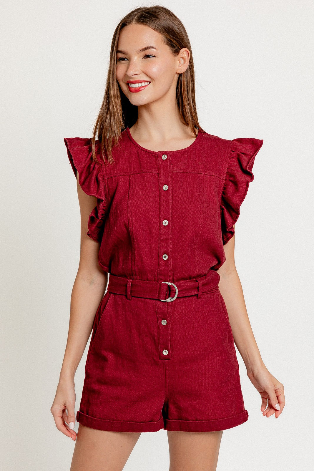 Twill Button Down Romper in Garnet