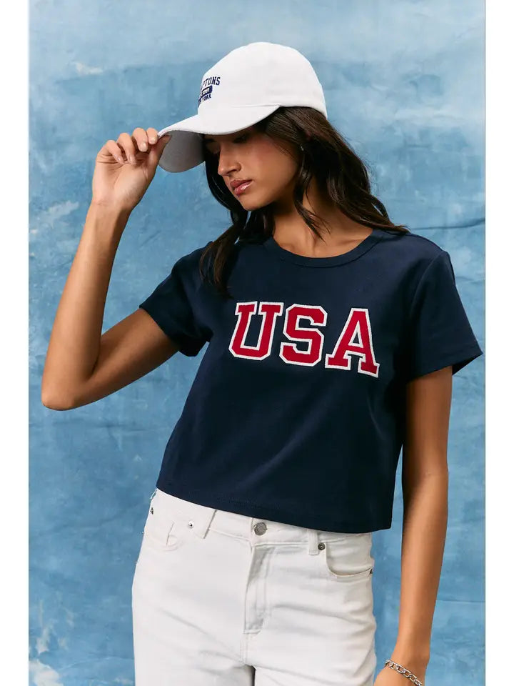 USA Short Sleeve Round Neck Baby Tee In Navy