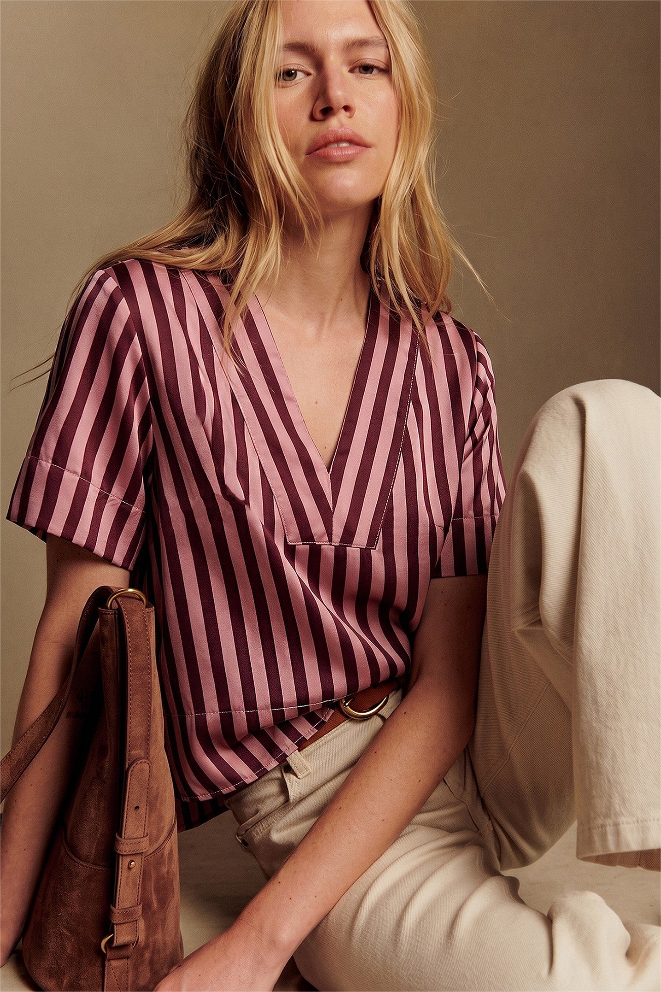 V-Neck Stripe Short Sleeve Top In Burgundy & Rose