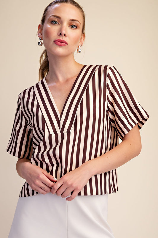 V-Neck Stripe Short Sleeve Top In Chocolate & Cream