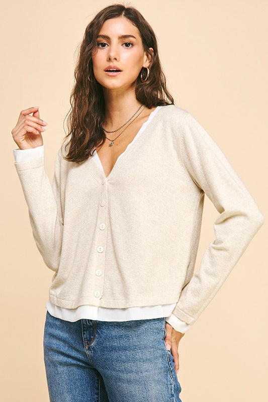 V-neck Button Down Woven Combo Top In Oatmeal