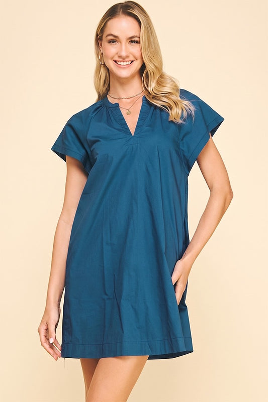 V-neck Tunic Mini Dress In Dark Teal