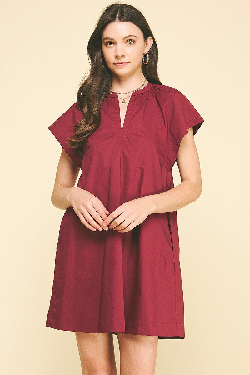 V-neck Tunic Mini Dress In Maroon