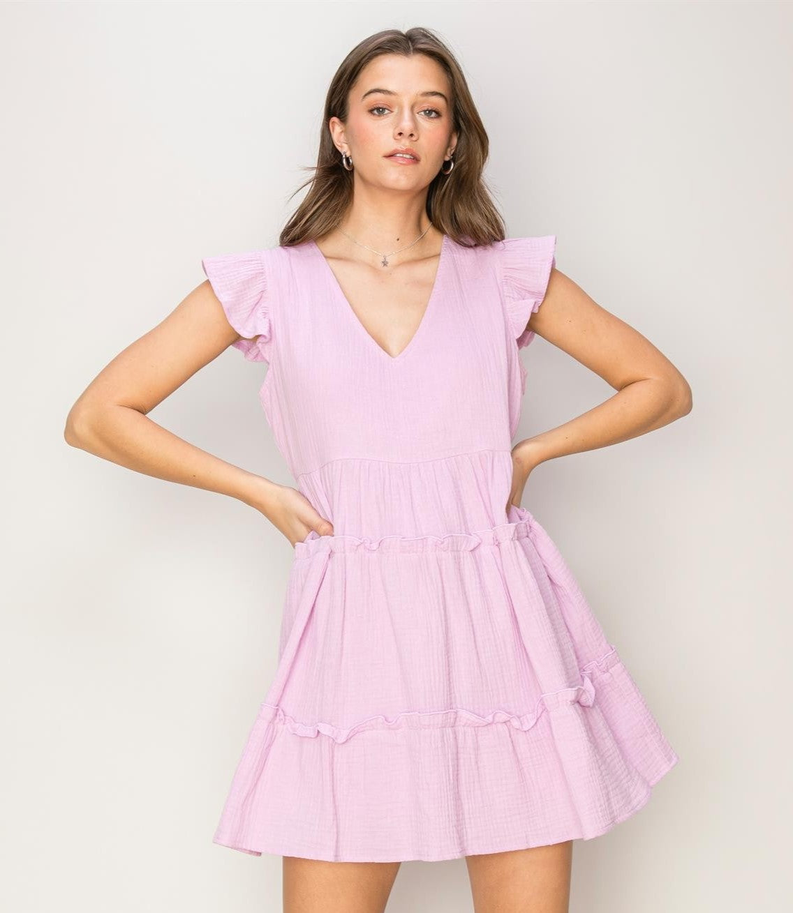 V Neck Ruffle Sleeve Gauze Dress in Lavender