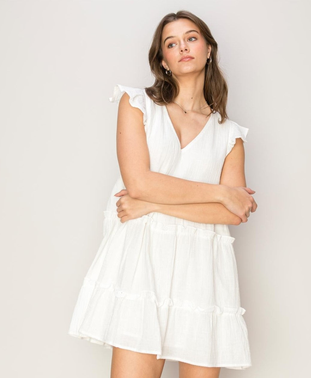 V Neck Ruffle Sleeve Gauze Dress in White