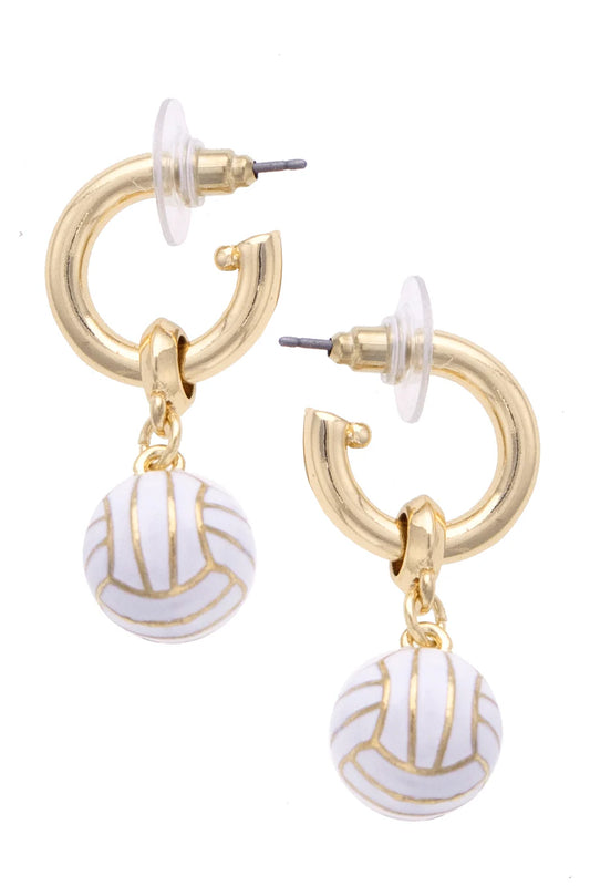 Volleyball Enamel Drop Hoop Earrings in White