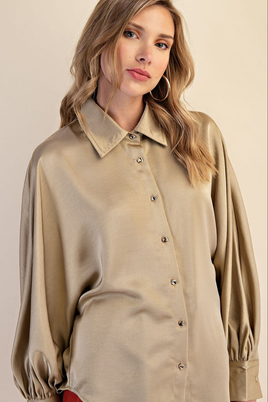 Voluminous Long Sleeve Blouse & Pants Set In Taupe