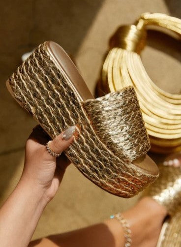 Walking on Sunshine Raffia Sandal in Gold