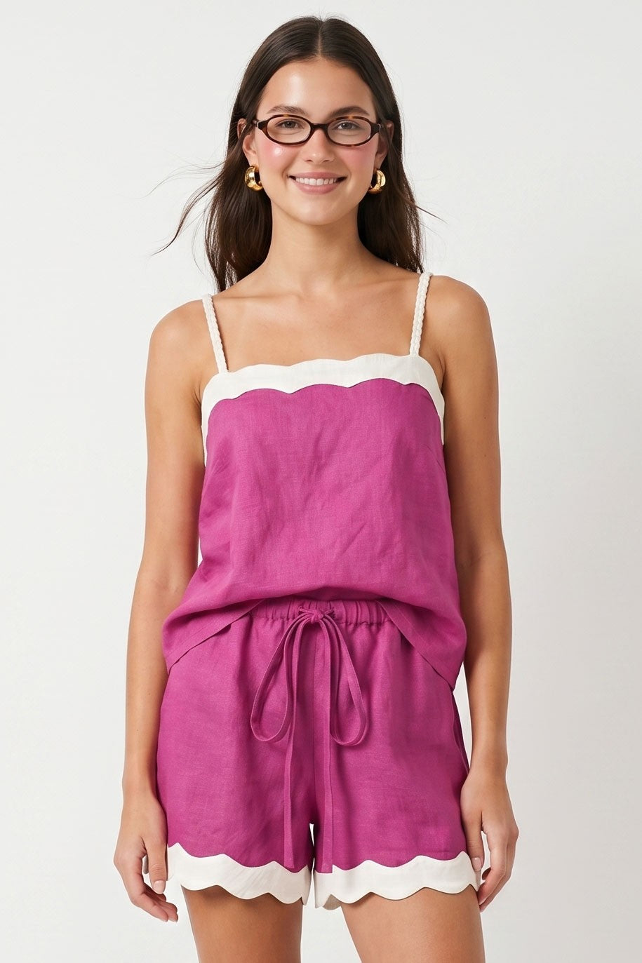 Wavy Linen Tank Top Set In Berry Pink