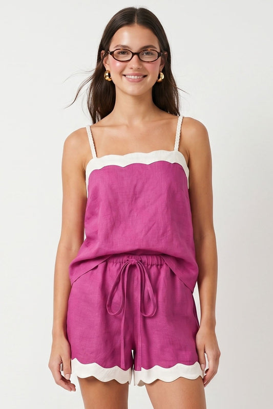 Wavy Linen Tank Top Set In Berry Pink
