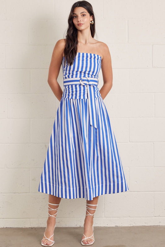 White And Blue Stripe Strapless Midi