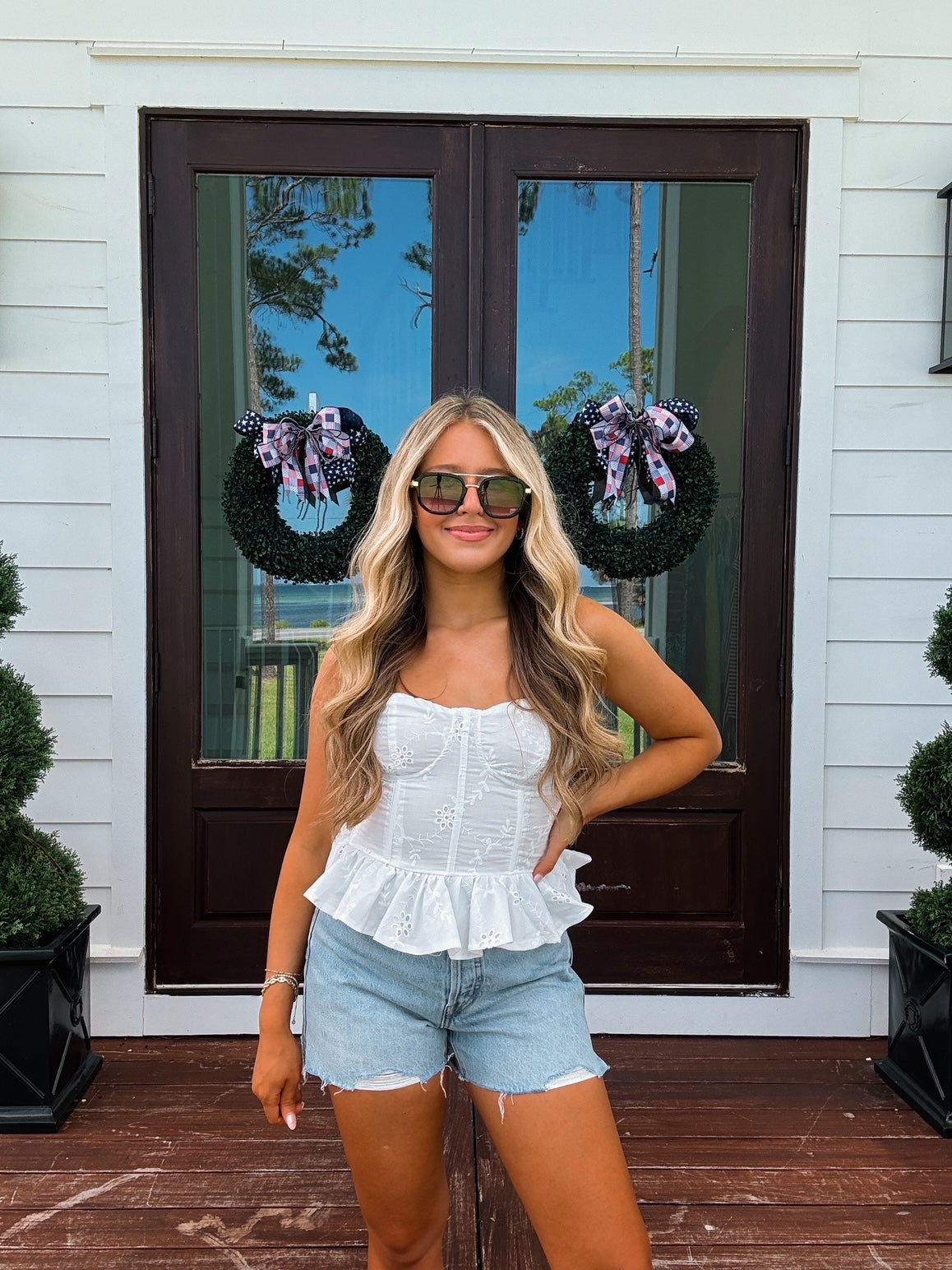 White Strapless Eyelet Top
